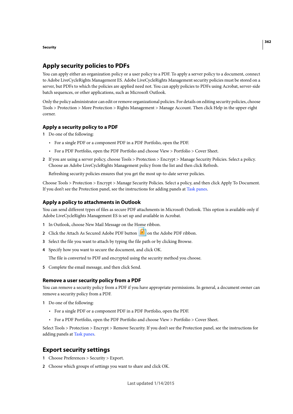 Apply security policies to pdfs, Apply a security policy to a pdf, Apply a policy to attachments in outlook | Remove a user security policy from a pdf, Export security settings | Adobe Acrobat XI User Manual | Page 369 / 590