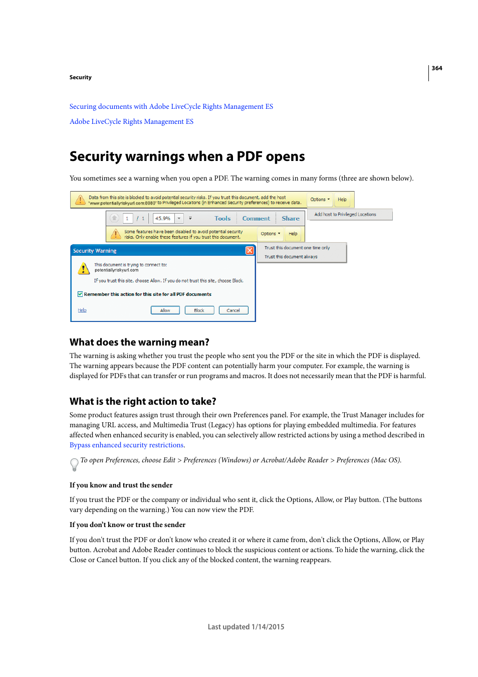 Security warnings when a pdf opens, What does the warning mean, What is the right action to take | Adobe Acrobat XI User Manual | Page 371 / 590