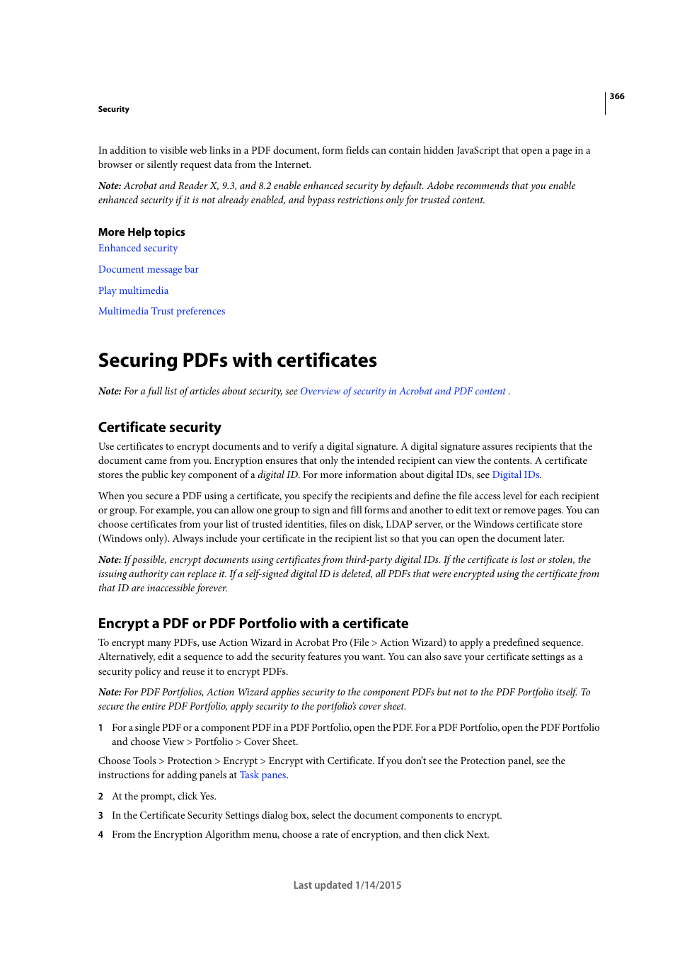 Securing pdfs with certificates, Certificate security, Encrypt a pdf or pdf portfolio with a certificate | Adobe Acrobat XI User Manual | Page 373 / 590