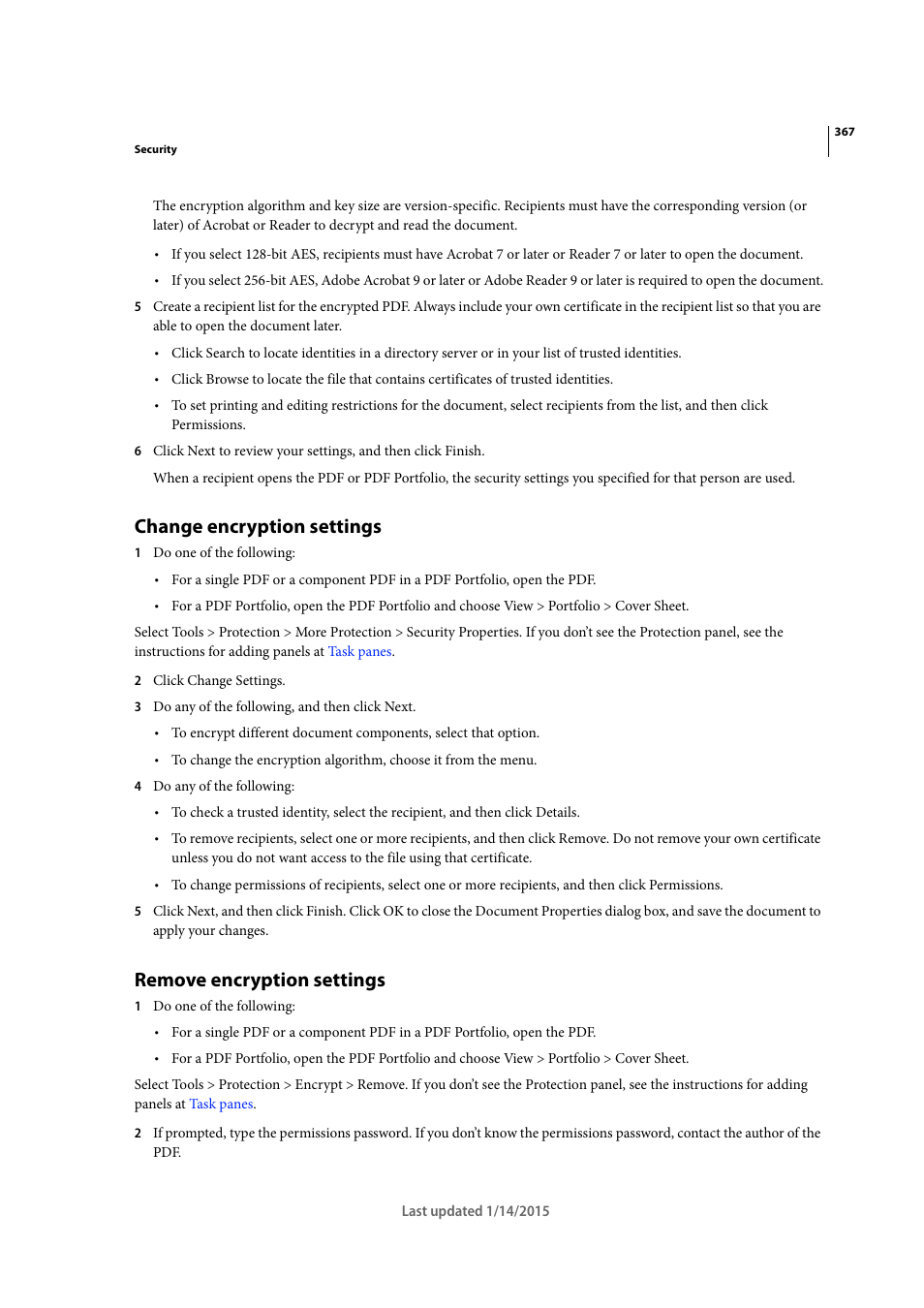 Change encryption settings, Remove encryption settings | Adobe Acrobat XI User Manual | Page 374 / 590