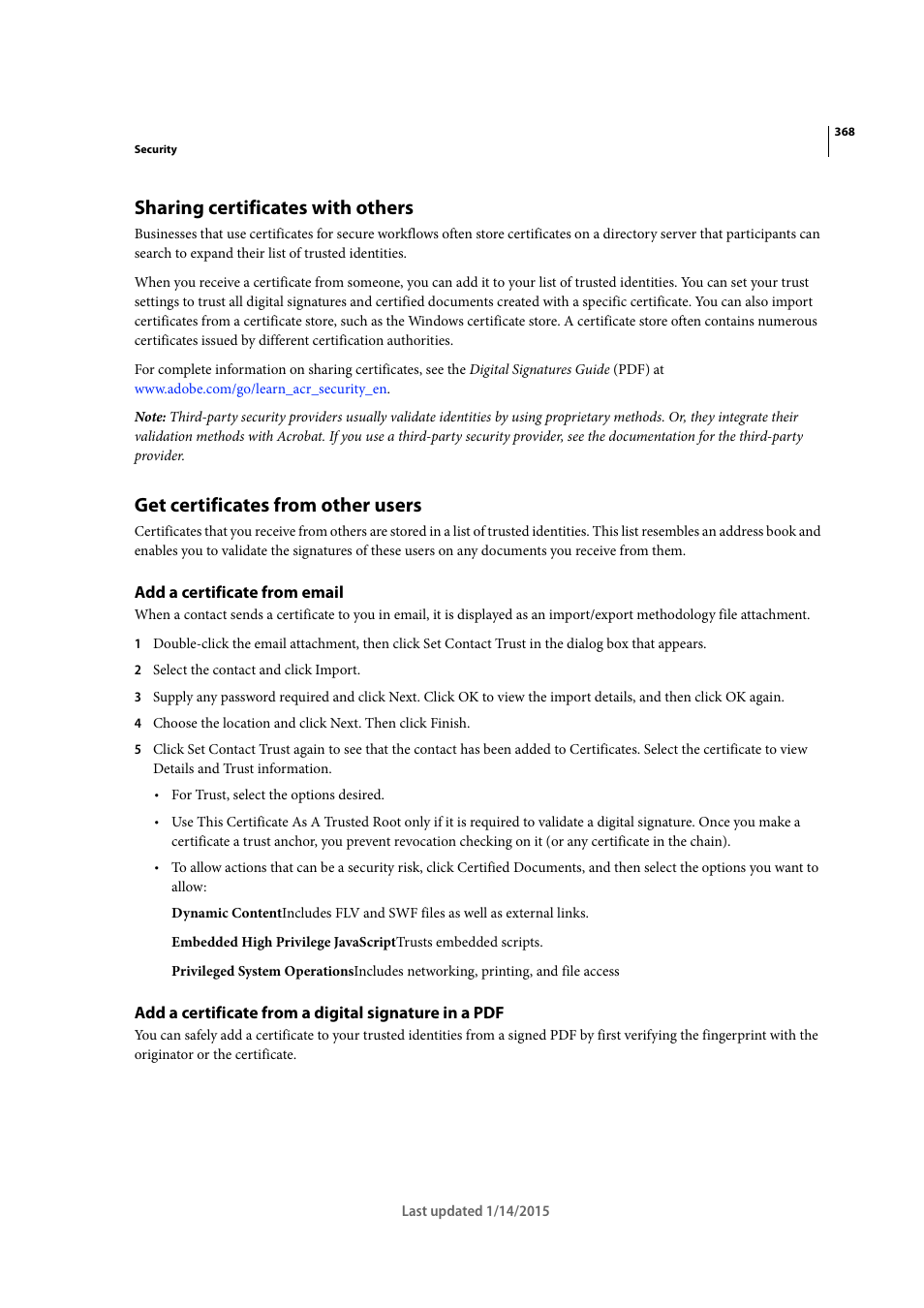 Sharing certificates with others, Get certificates from other users, Add a certificate from email | Adobe Acrobat XI User Manual | Page 375 / 590