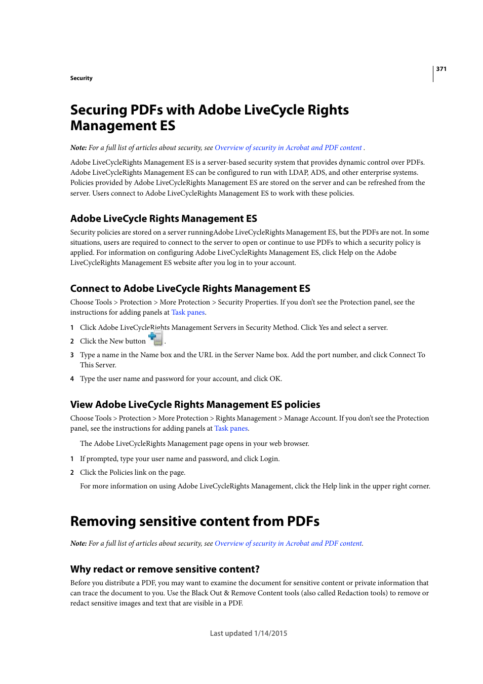 Adobe livecycle rights management es, Connect to adobe livecycle rights management es, View adobe livecycle rights management es policies | Removing sensitive content from pdfs, Why redact or remove sensitive content, Removing sensitive, Content from pdfs | Adobe Acrobat XI User Manual | Page 378 / 590