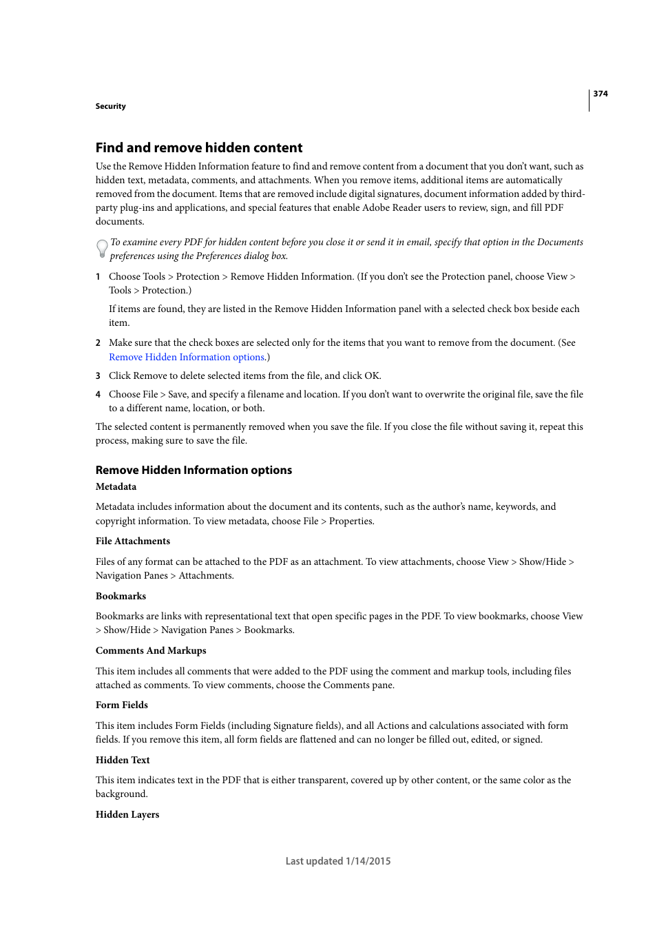 Find and remove hidden content, Remove hidden information options | Adobe Acrobat XI User Manual | Page 381 / 590
