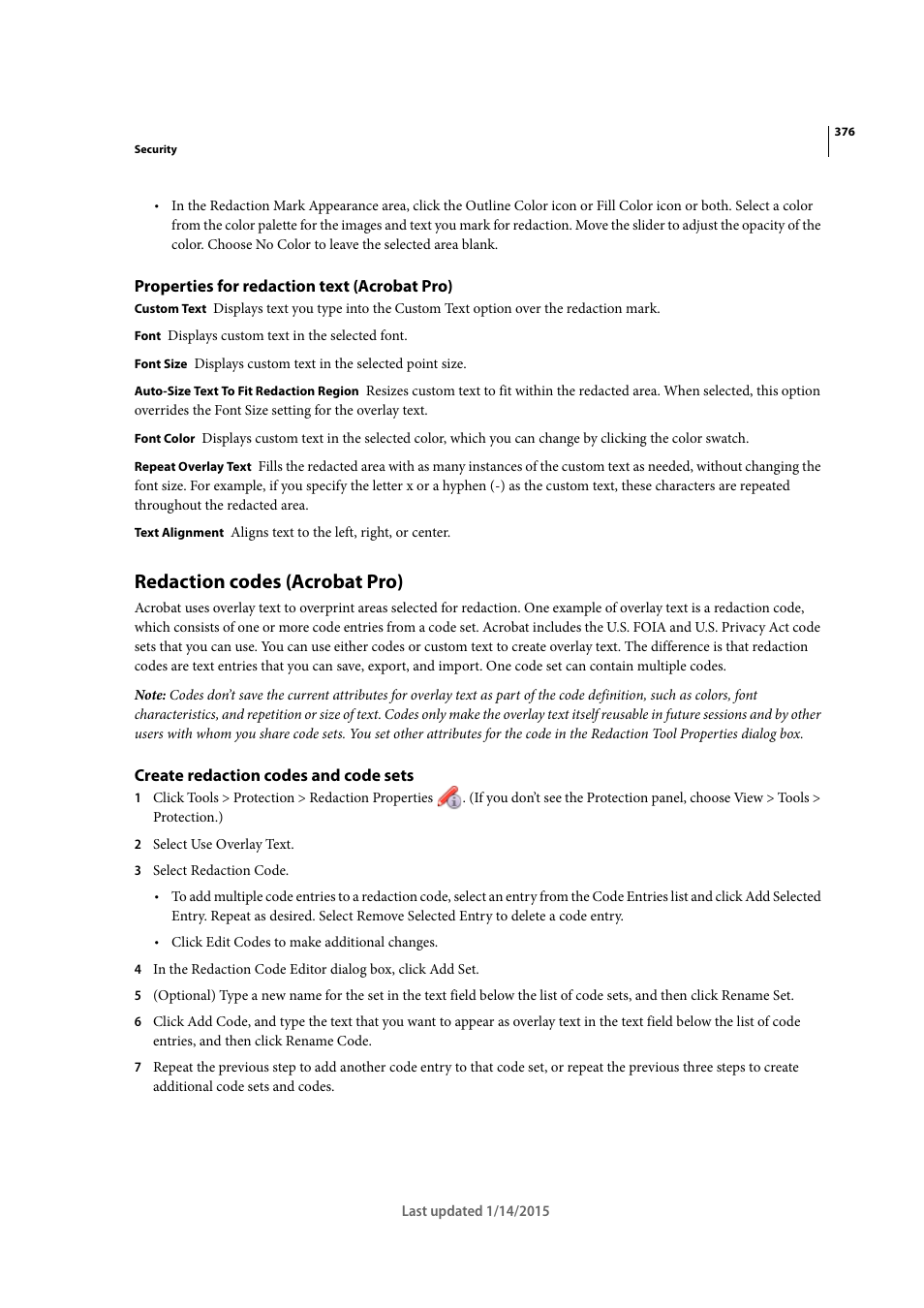 Properties for redaction text (acrobat pro), Redaction codes (acrobat pro), Create redaction codes and code sets | Adobe Acrobat XI User Manual | Page 383 / 590