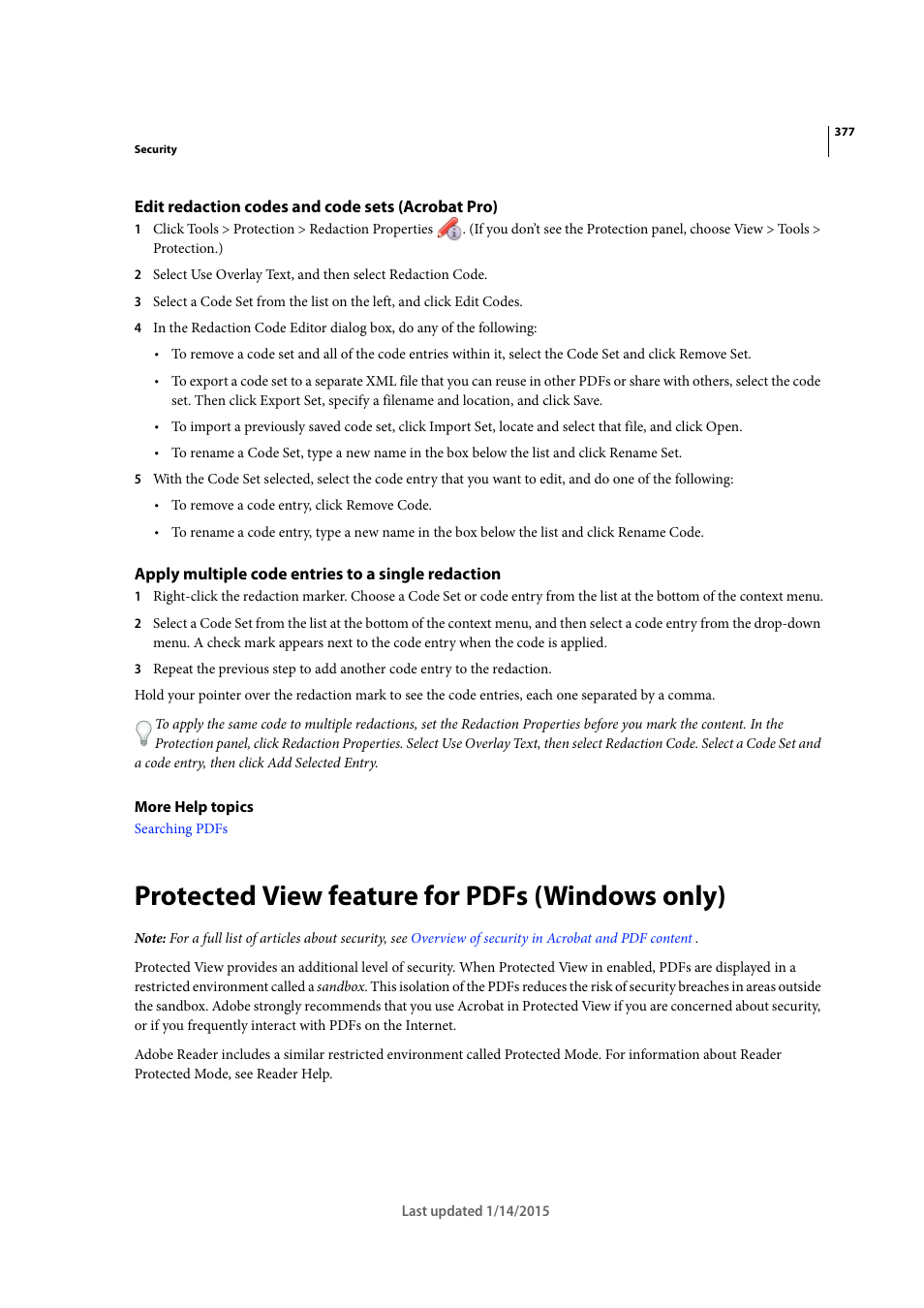 Edit redaction codes and code sets (acrobat pro), Apply multiple code entries to a single redaction, Protected view feature for pdfs (windows only) | Adobe Acrobat XI User Manual | Page 384 / 590