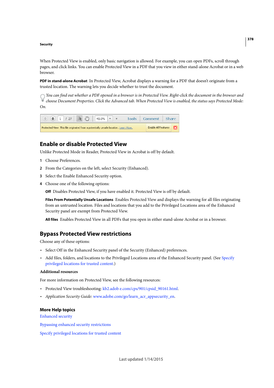 Enable or disable protected view, Bypass protected view restrictions | Adobe Acrobat XI User Manual | Page 385 / 590