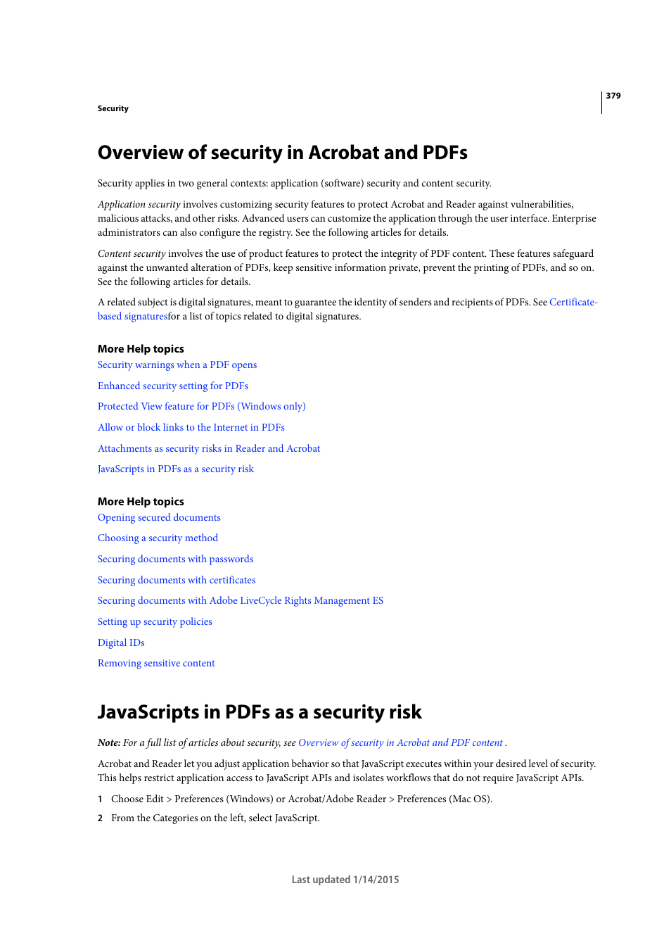 Overview of security in acrobat and pdfs, Javascripts in pdfs as a security risk | Adobe Acrobat XI User Manual | Page 386 / 590