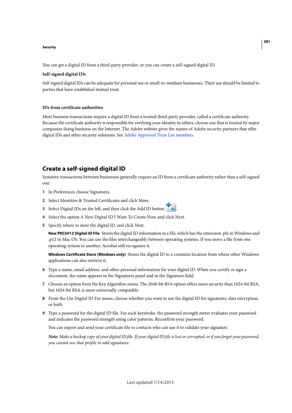 Create a self-signed digital id | Adobe Acrobat XI User Manual | Page 388 / 590