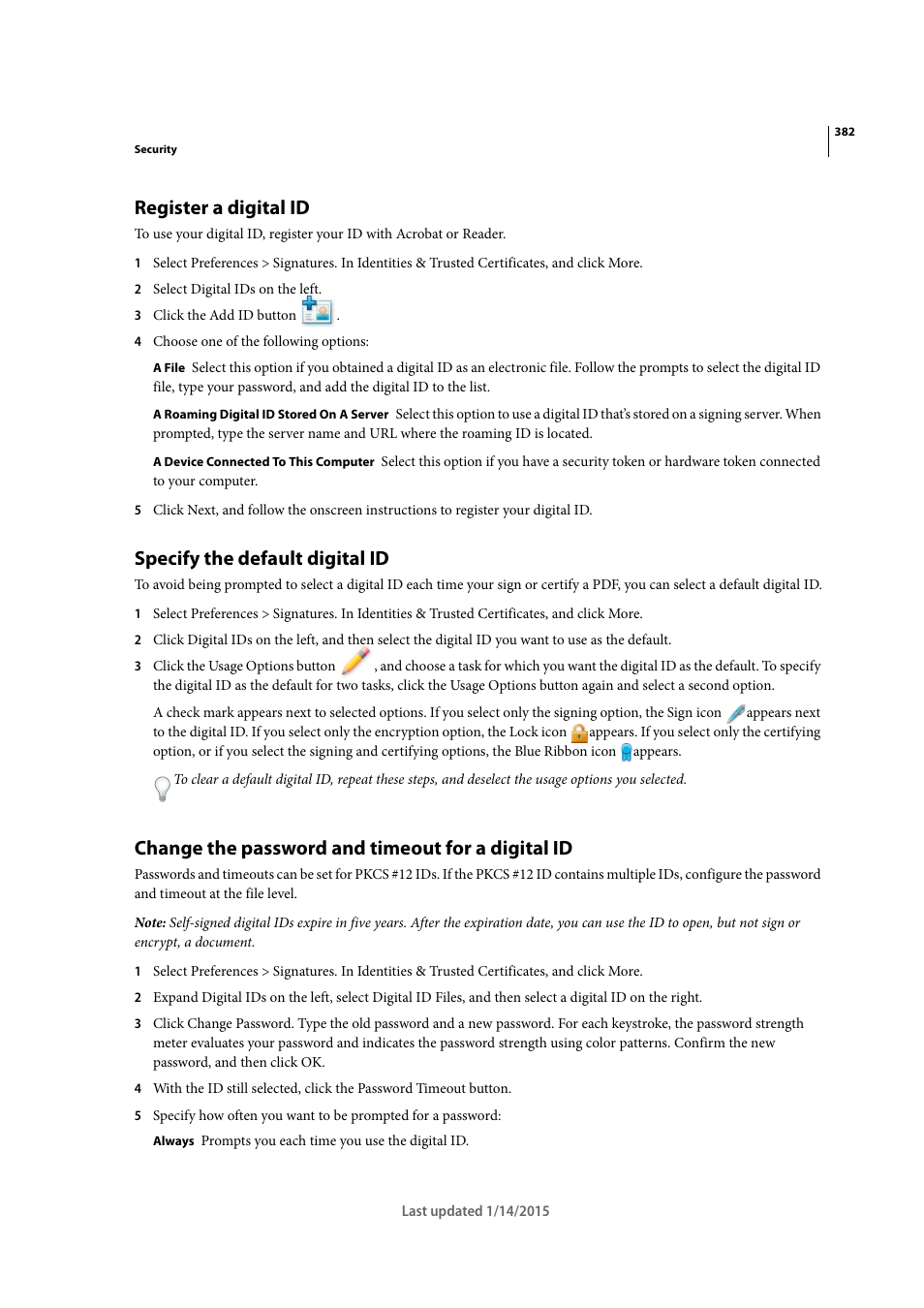 Register a digital id, Specify the default digital id, Change the password and timeout for a digital id | Adobe Acrobat XI User Manual | Page 389 / 590