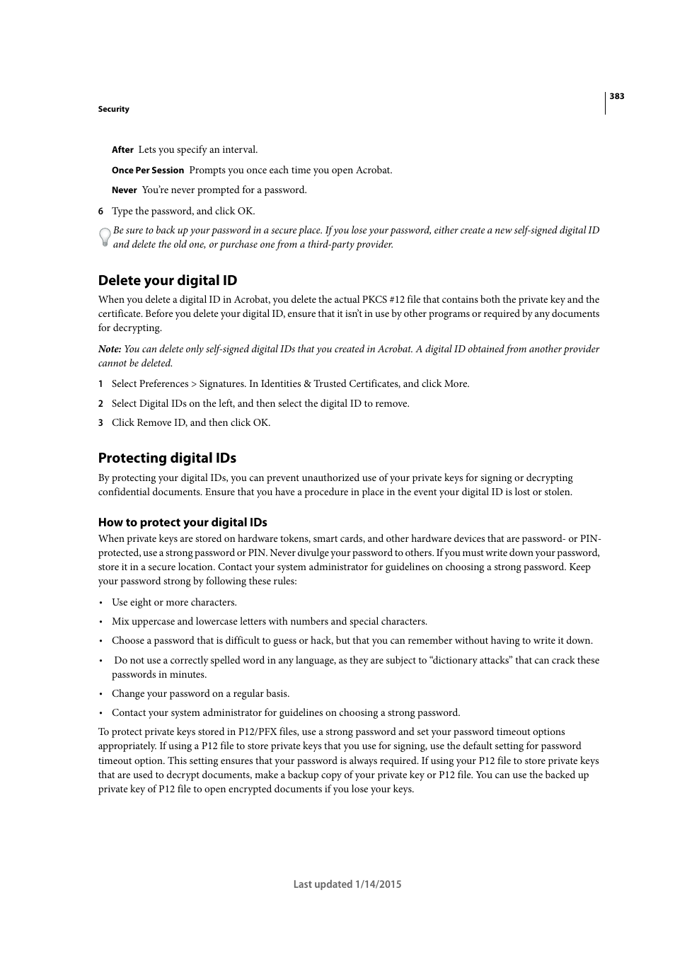 Delete your digital id, Protecting digital ids, How to protect your digital ids | Adobe Acrobat XI User Manual | Page 390 / 590