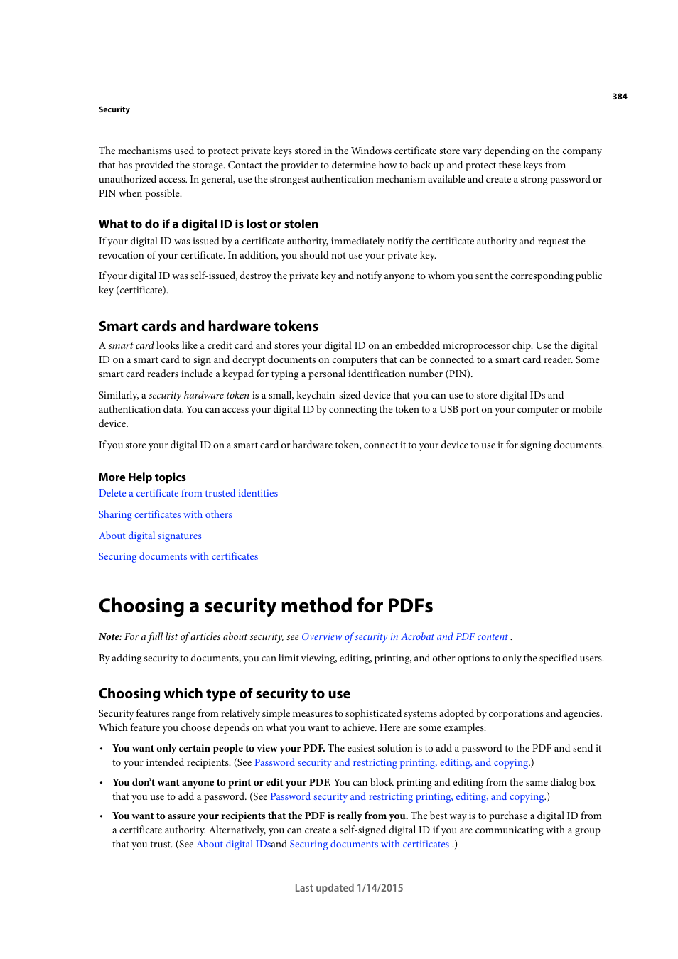 What to do if a digital id is lost or stolen, Smart cards and hardware tokens, Choosing a security method for pdfs | Choosing which type of security to use | Adobe Acrobat XI User Manual | Page 391 / 590