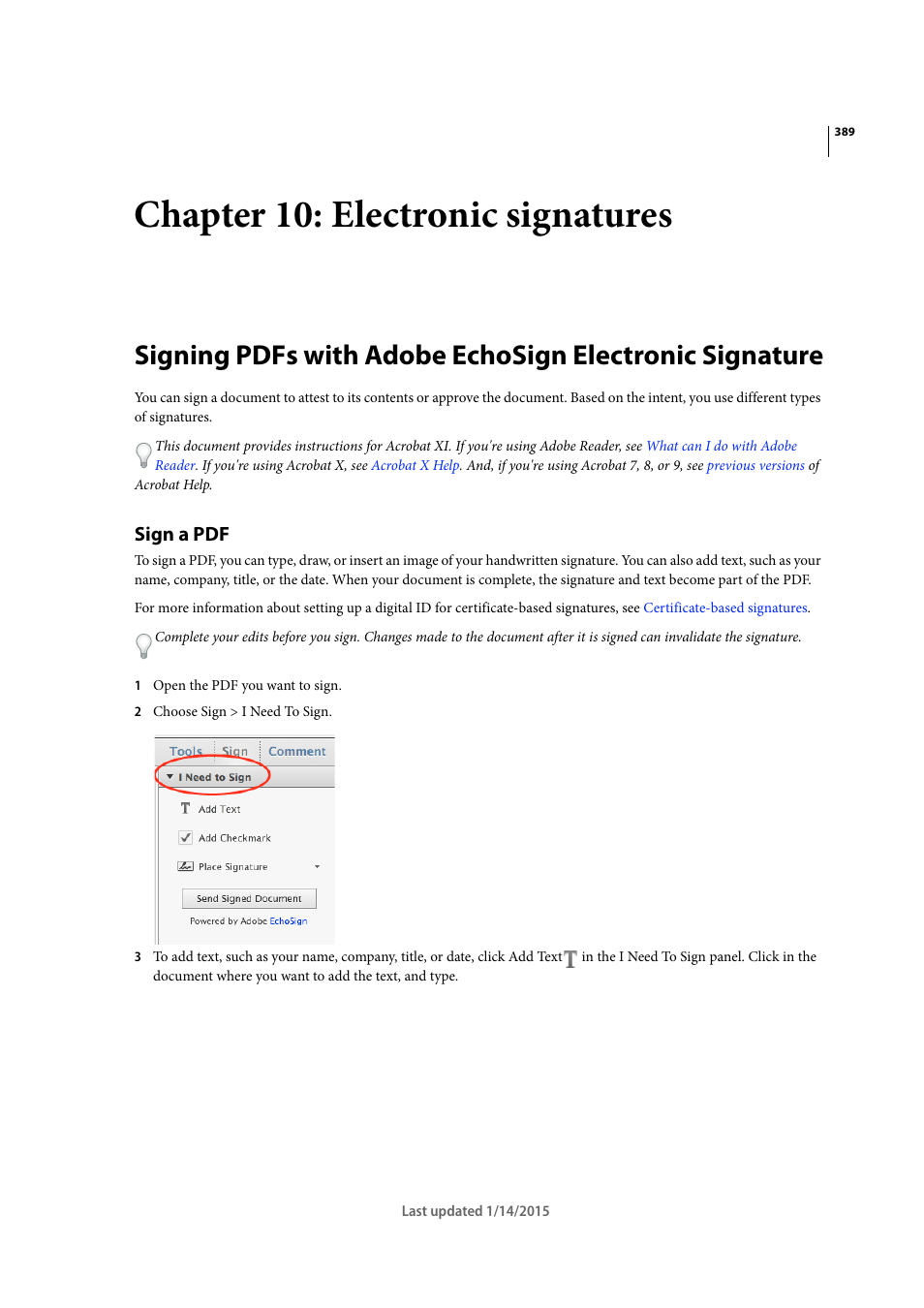 Chapter 10: electronic signatures, Sign a pdf | Adobe Acrobat XI User Manual | Page 396 / 590