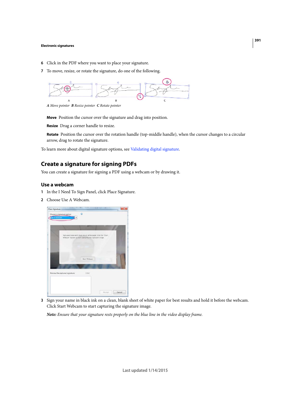 Create a signature for signing pdfs, Use a webcam | Adobe Acrobat XI User Manual | Page 398 / 590