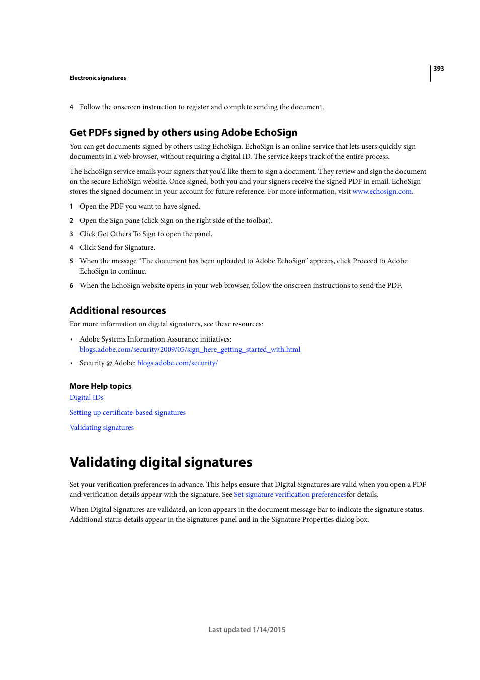 Get pdfs signed by others using adobe echosign, Additional resources, Validating digital signatures | Adobe Acrobat XI User Manual | Page 400 / 590