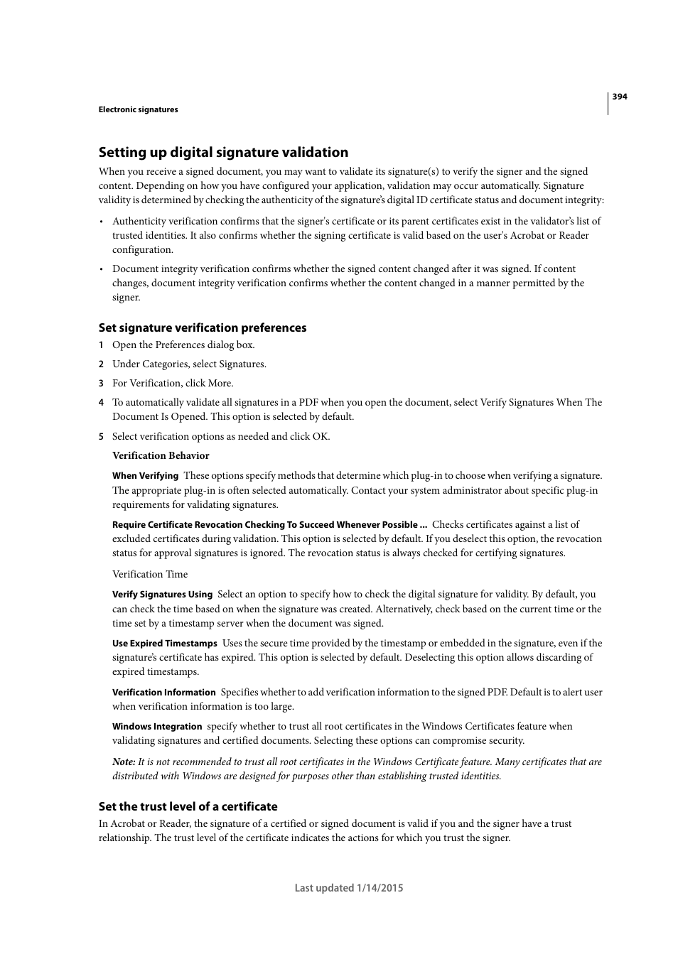 Setting up digital signature validation, Set signature verification preferences, Set the trust level of a certificate | Adobe Acrobat XI User Manual | Page 401 / 590