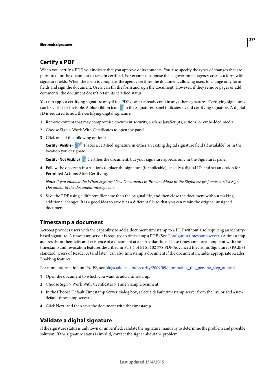 Certify a pdf, Timestamp a document, Validate a digital signature | Adobe Acrobat XI User Manual | Page 404 / 590