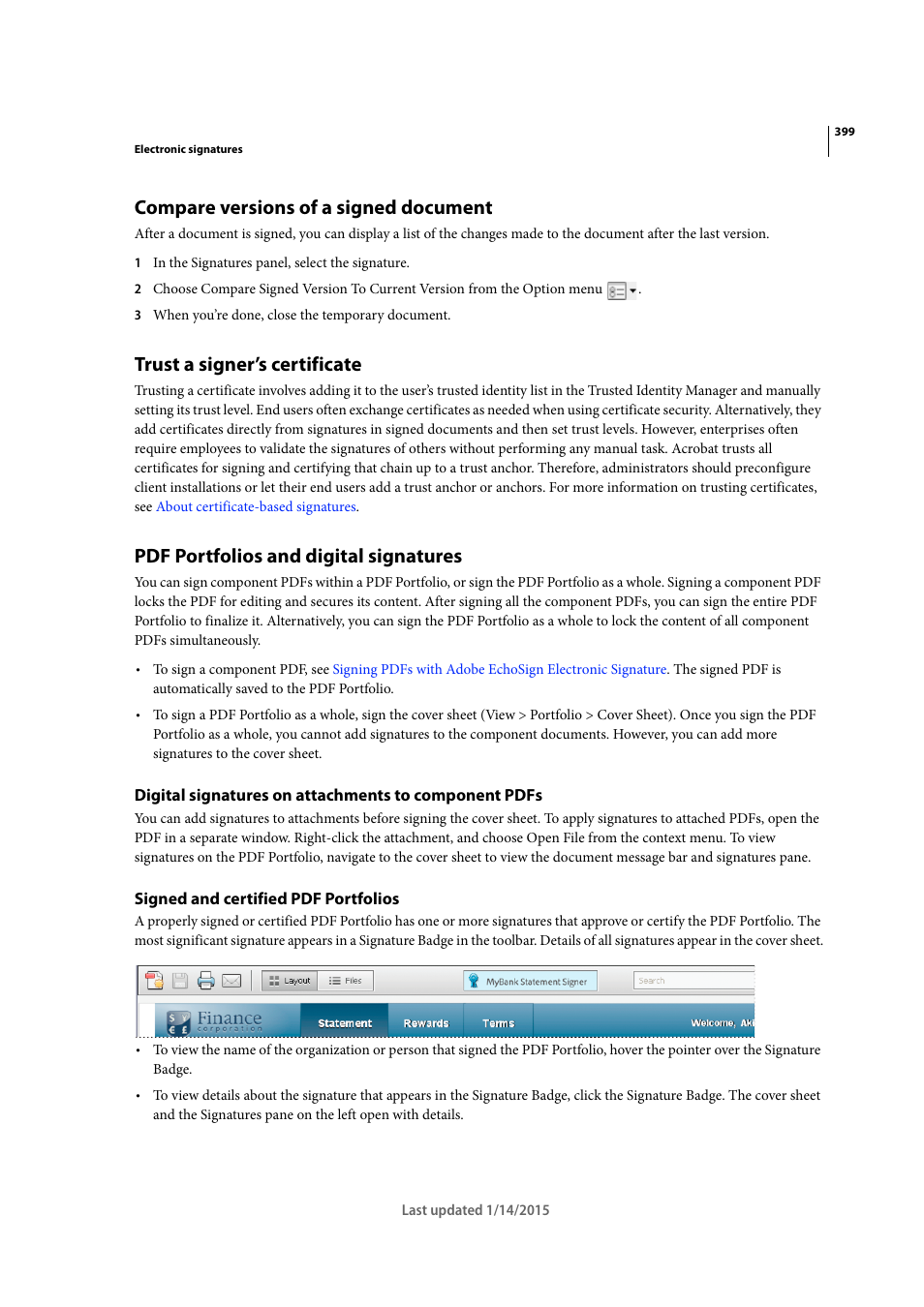 Compare versions of a signed document, Trust a signer’s certificate, Pdf portfolios and digital signatures | Signed and certified pdf portfolios | Adobe Acrobat XI User Manual | Page 406 / 590