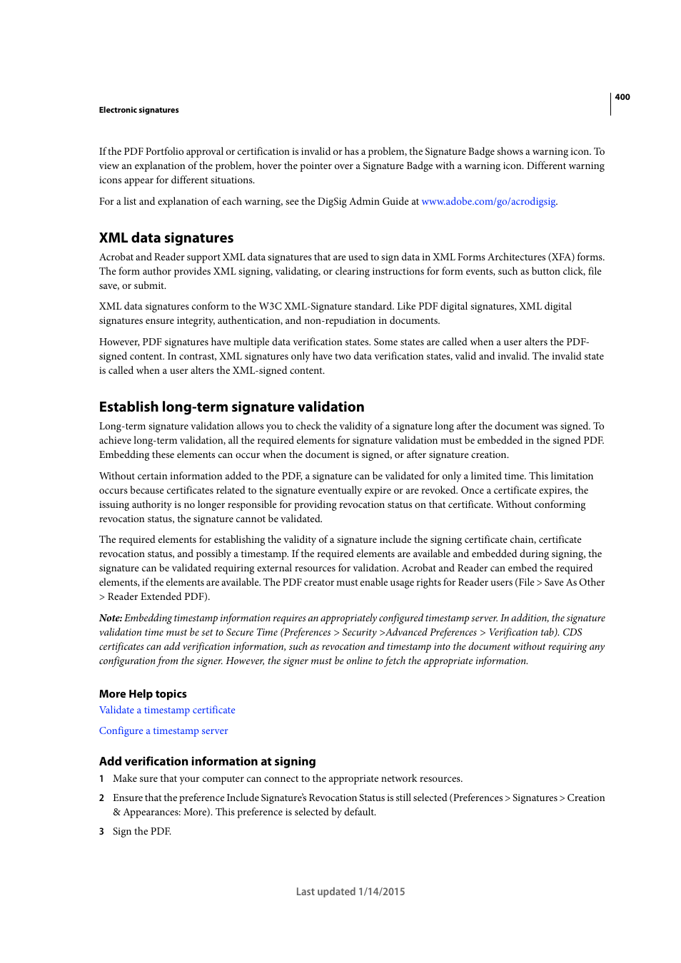 Xml data signatures, Establish long-term signature validation, Add verification information at signing | Adobe Acrobat XI User Manual | Page 407 / 590