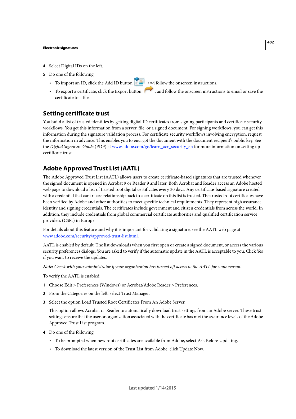 Setting certificate trust, Adobe approved trust list (aatl) | Adobe Acrobat XI User Manual | Page 409 / 590