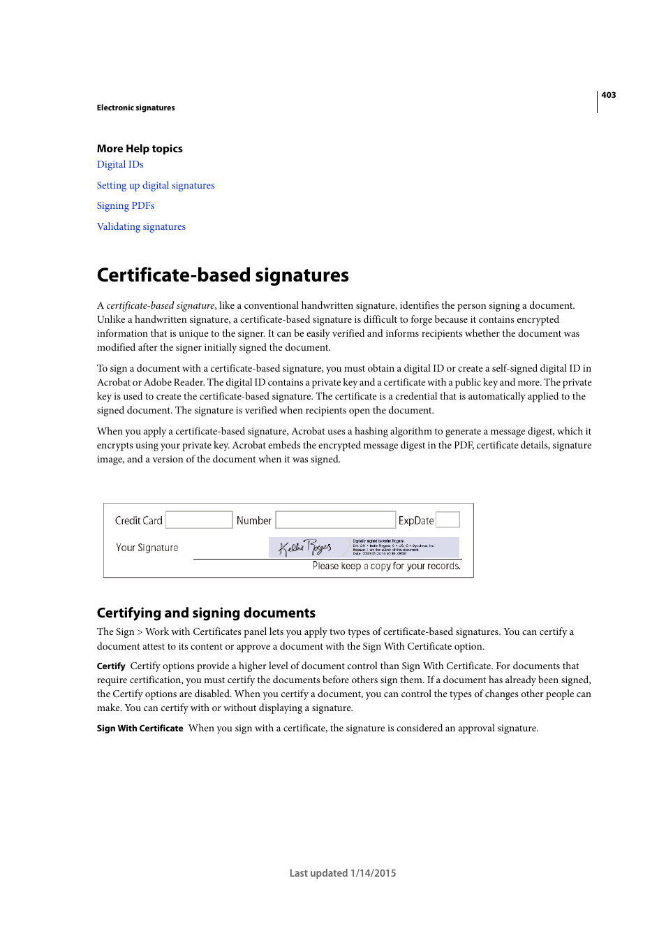 Certificate-based signatures, Certifying and signing documents, Certificate | Based signatures, For a | Adobe Acrobat XI User Manual | Page 410 / 590