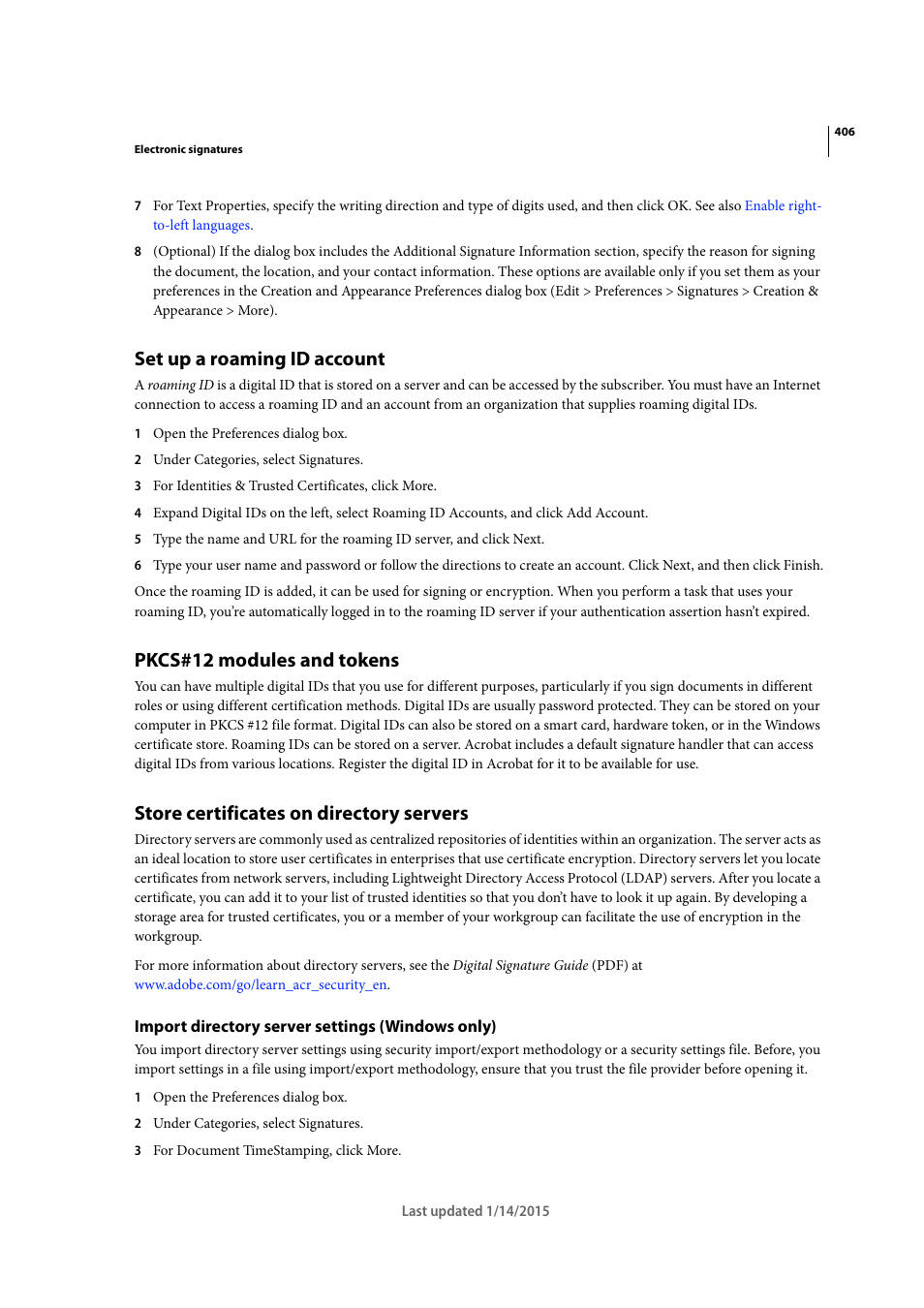 Set up a roaming id account, Pkcs#12 modules and tokens, Store certificates on directory servers | Import directory server settings (windows only) | Adobe Acrobat XI User Manual | Page 413 / 590