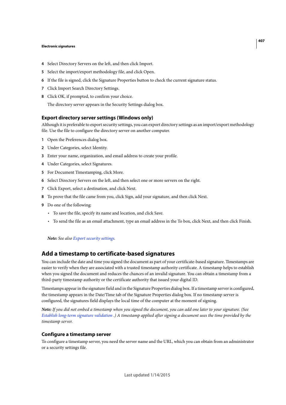 Export directory server settings (windows only), Add a timestamp to certificate-based signatures, Configure a timestamp server | Adobe Acrobat XI User Manual | Page 414 / 590