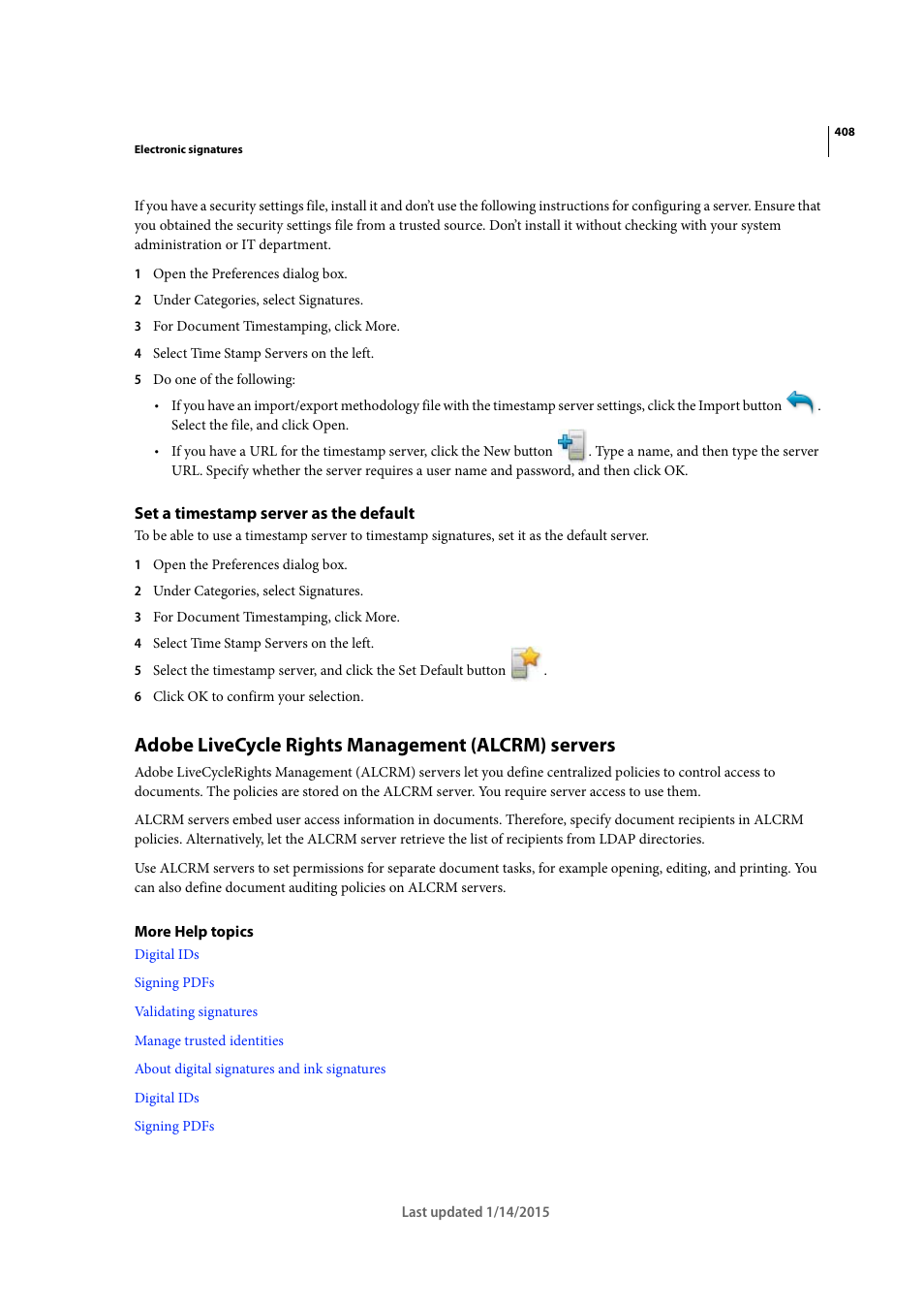 Set a timestamp server as the default, Adobe livecycle rights management (alcrm) servers | Adobe Acrobat XI User Manual | Page 415 / 590