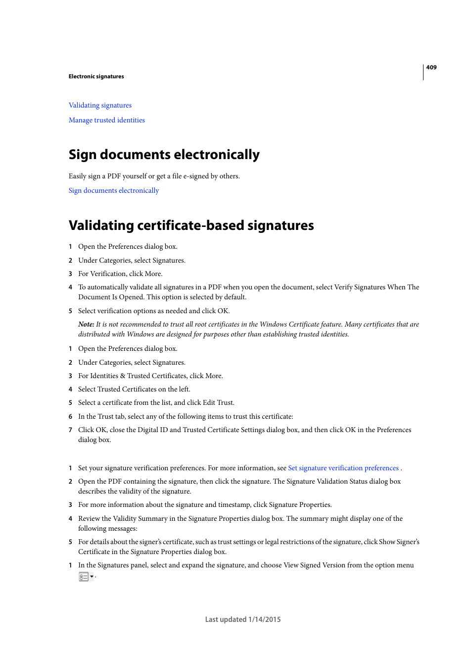 Sign documents electronically, Validating certificate-based signatures | Adobe Acrobat XI User Manual | Page 416 / 590