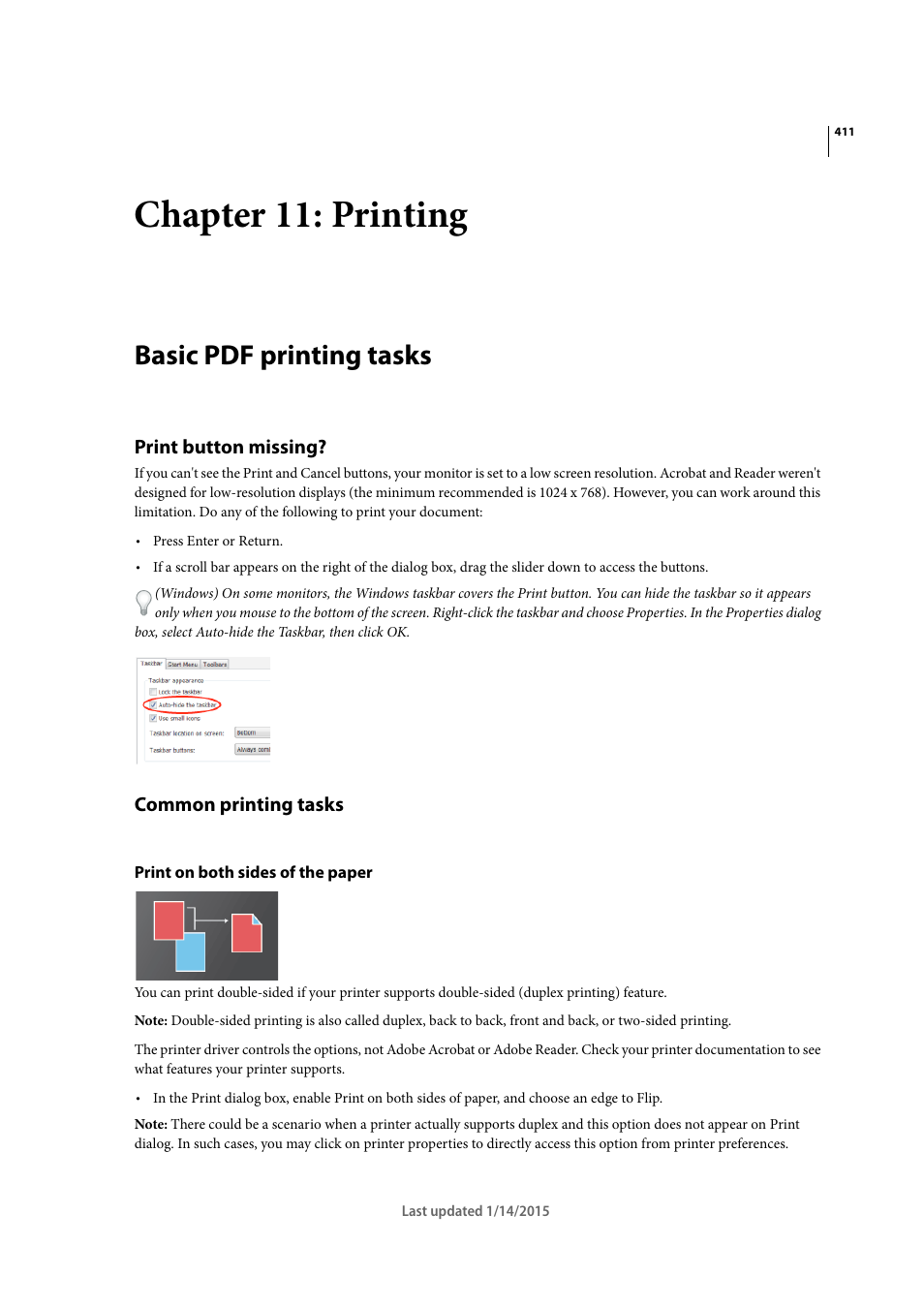 Chapter 11: printing, Basic pdf printing tasks, Print button missing | Common printing tasks, Print on both sides of the paper | Adobe Acrobat XI User Manual | Page 418 / 590