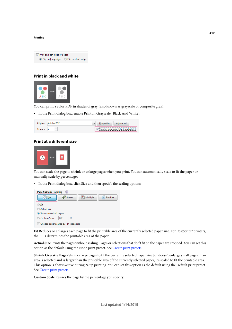 Print in black and white, Print at a different size | Adobe Acrobat XI User Manual | Page 419 / 590