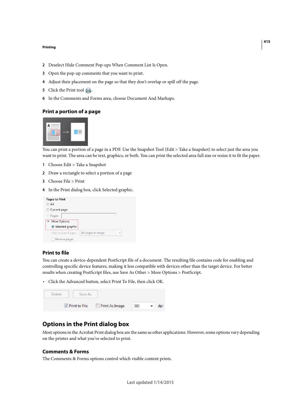 Print to file, Options in the print dialog box, Comments & forms | Adobe Acrobat XI User Manual | Page 422 / 590