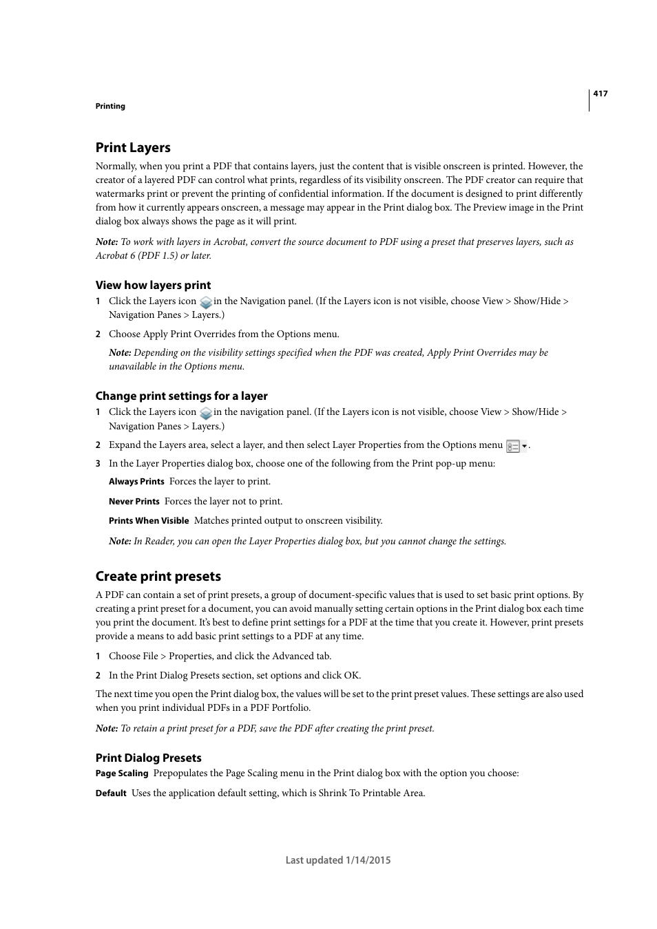 Print layers, View how layers print, Change print settings for a layer | Create print presets, Print dialog presets | Adobe Acrobat XI User Manual | Page 424 / 590