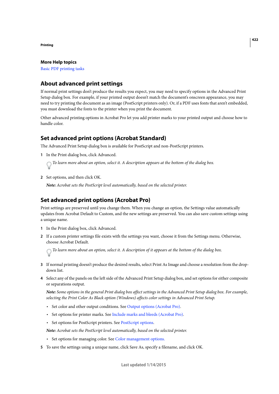 About advanced print settings, Set advanced print options (acrobat standard), Set advanced print options (acrobat pro) | Adobe Acrobat XI User Manual | Page 429 / 590