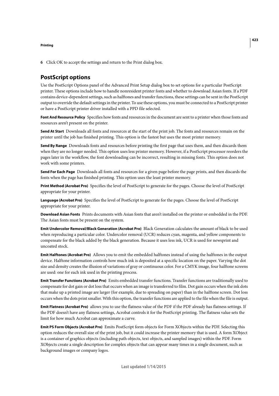 Postscript options | Adobe Acrobat XI User Manual | Page 430 / 590