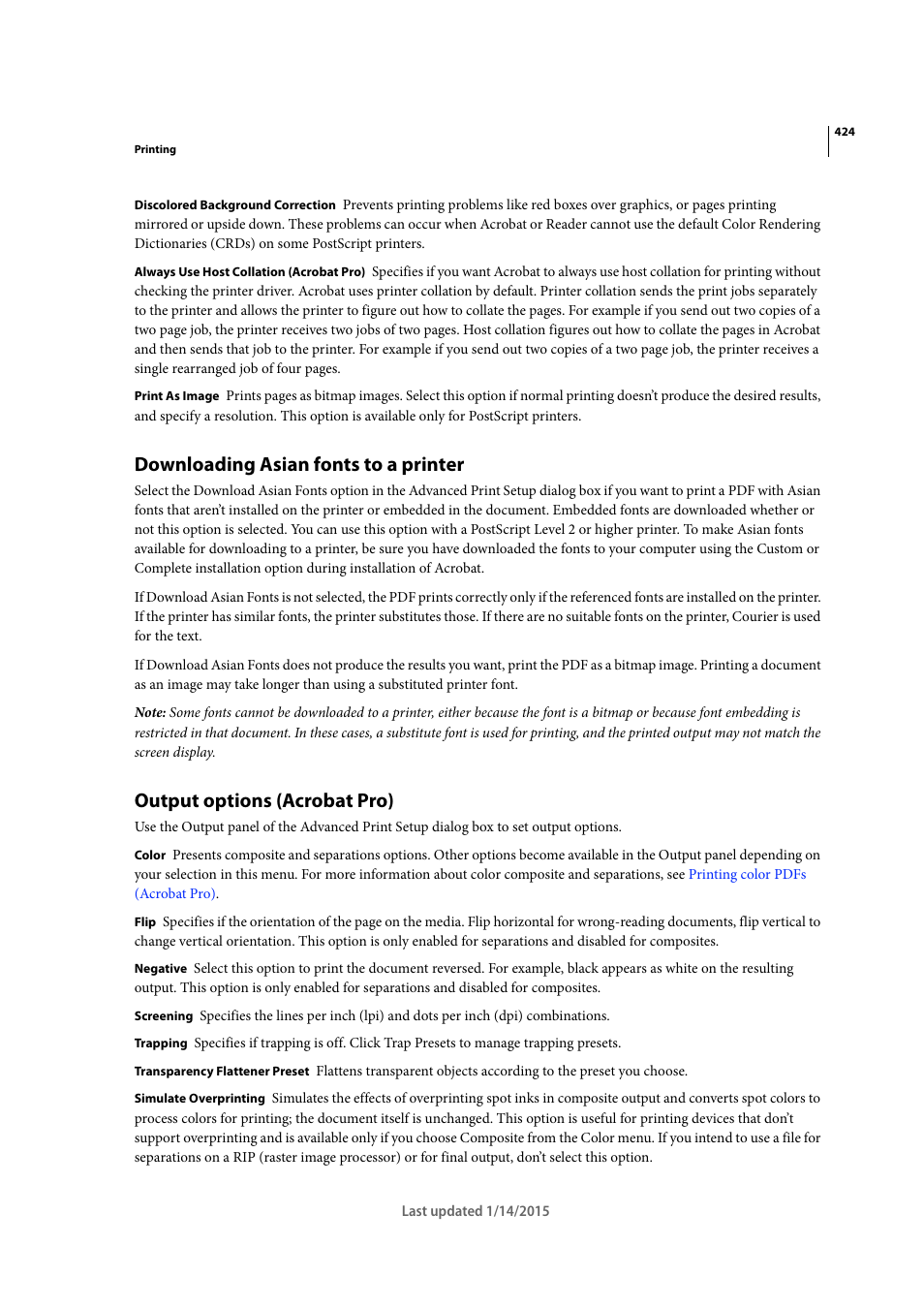 Downloading asian fonts to a printer, Output options (acrobat pro) | Adobe Acrobat XI User Manual | Page 431 / 590