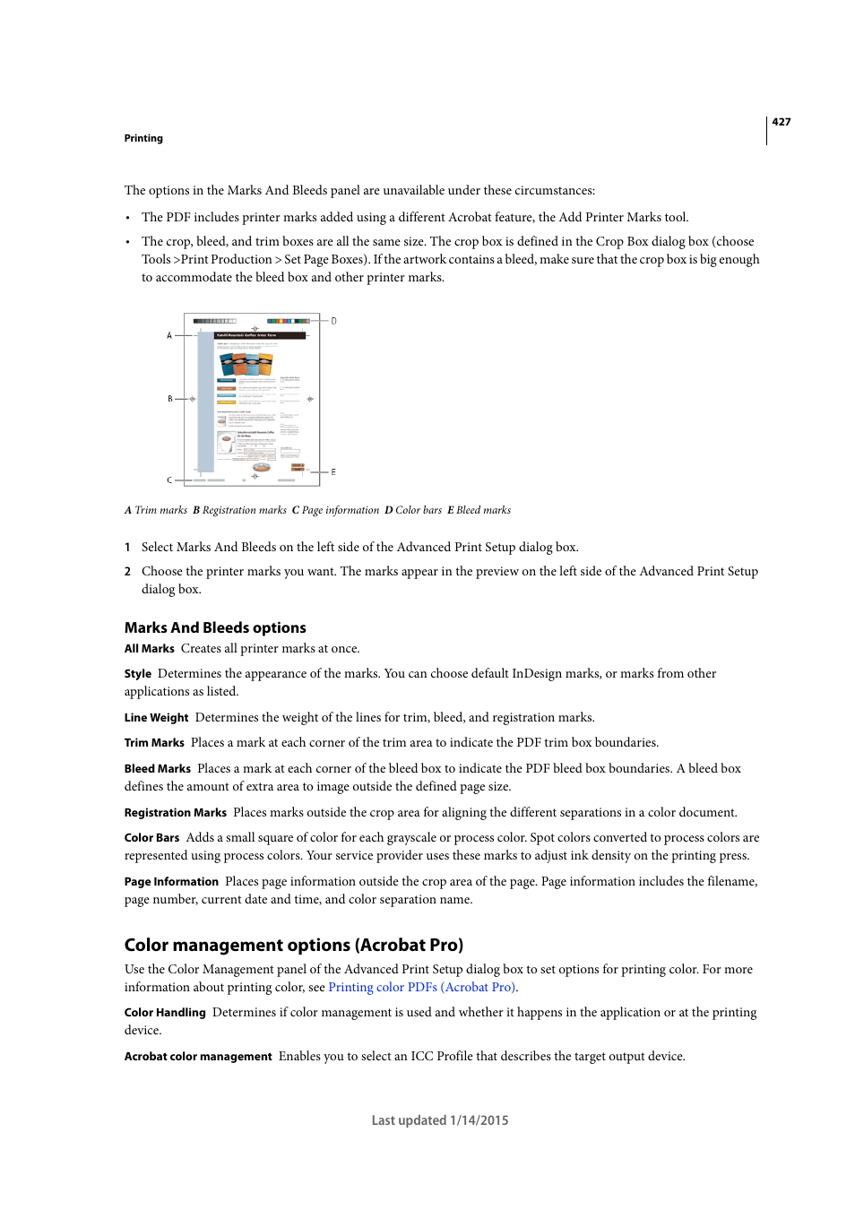 Marks and bleeds options, Color management options (acrobat pro) | Adobe Acrobat XI User Manual | Page 434 / 590