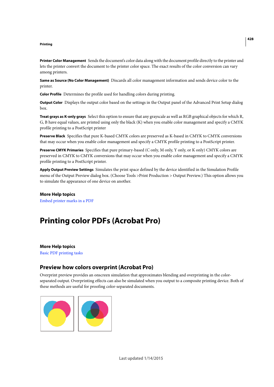 Printing color pdfs (acrobat pro), Preview how colors overprint (acrobat pro) | Adobe Acrobat XI User Manual | Page 435 / 590