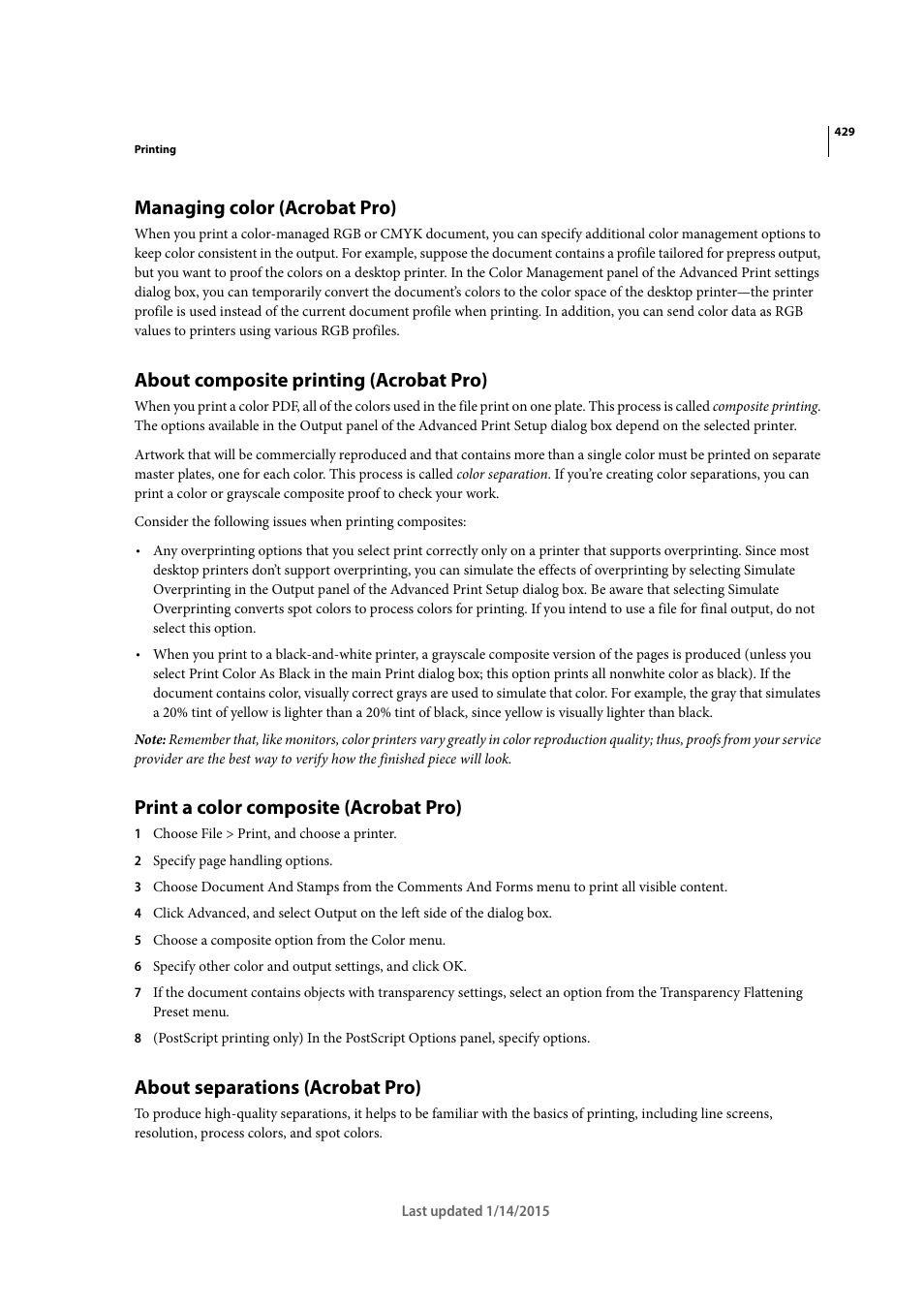 Managing color (acrobat pro), About composite printing (acrobat pro), Print a color composite (acrobat pro) | About separations (acrobat pro) | Adobe Acrobat XI User Manual | Page 436 / 590