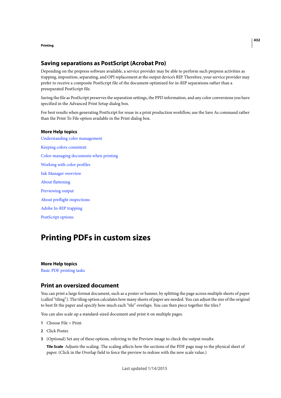 Saving separations as postscript (acrobat pro), Printing pdfs in custom sizes, Print an oversized document | Adobe Acrobat XI User Manual | Page 439 / 590