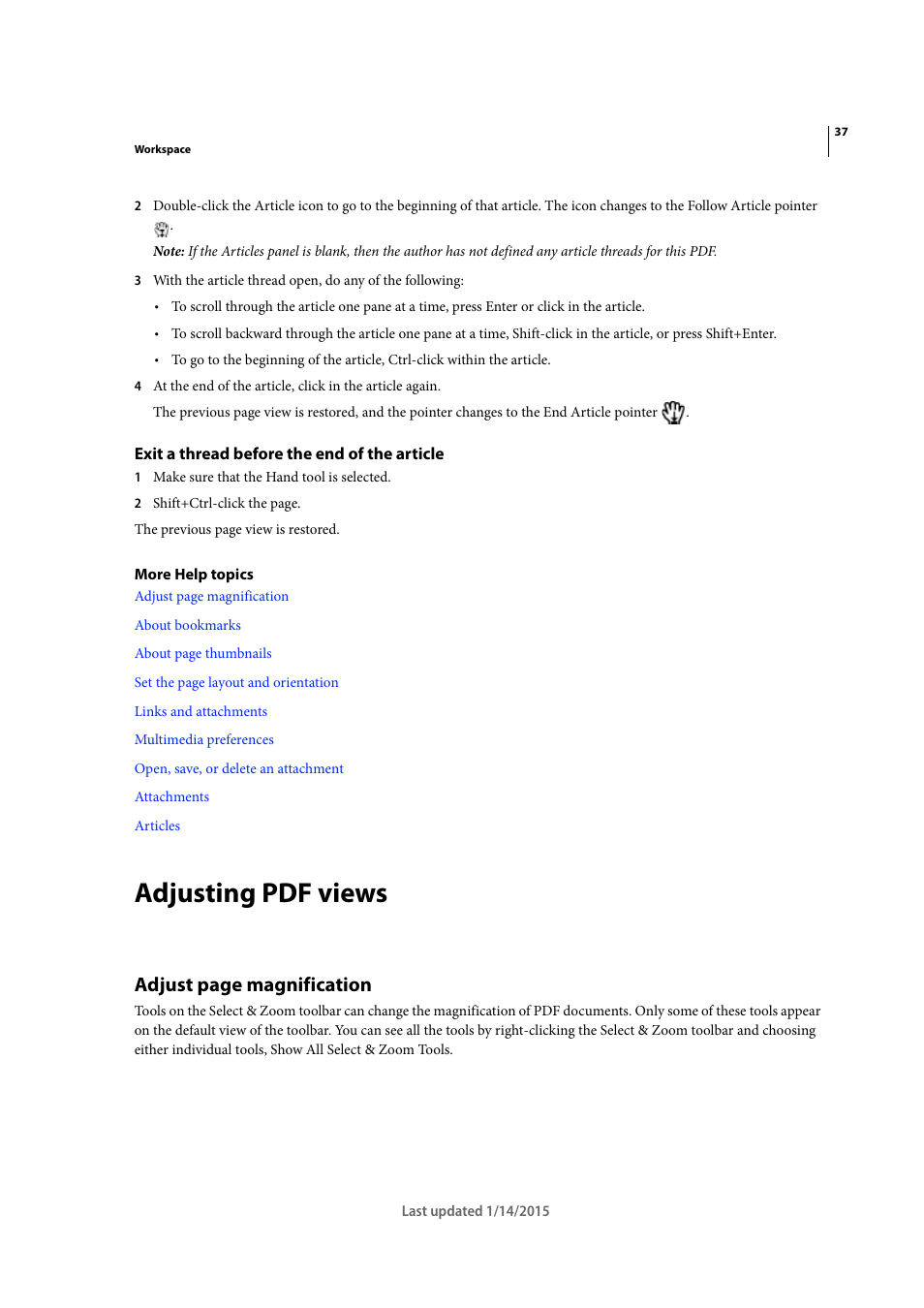 Exit a thread before the end of the article, Adjusting pdf views, Adjust page magnification | Adobe Acrobat XI User Manual | Page 44 / 590