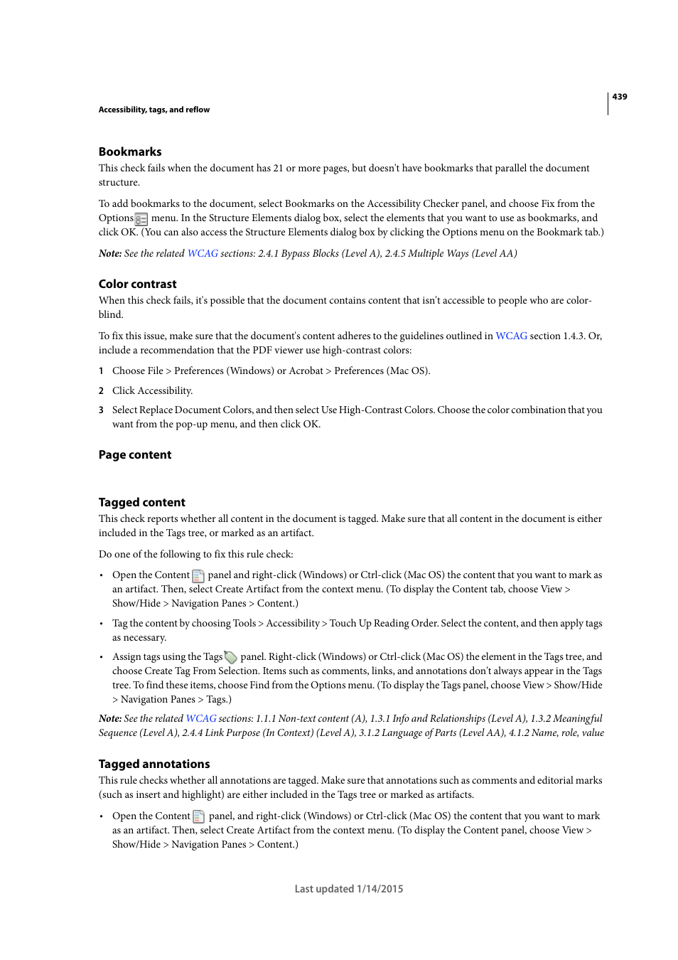 Bookmarks, Color contrast, Tagged content | Tagged annotations | Adobe Acrobat XI User Manual | Page 446 / 590