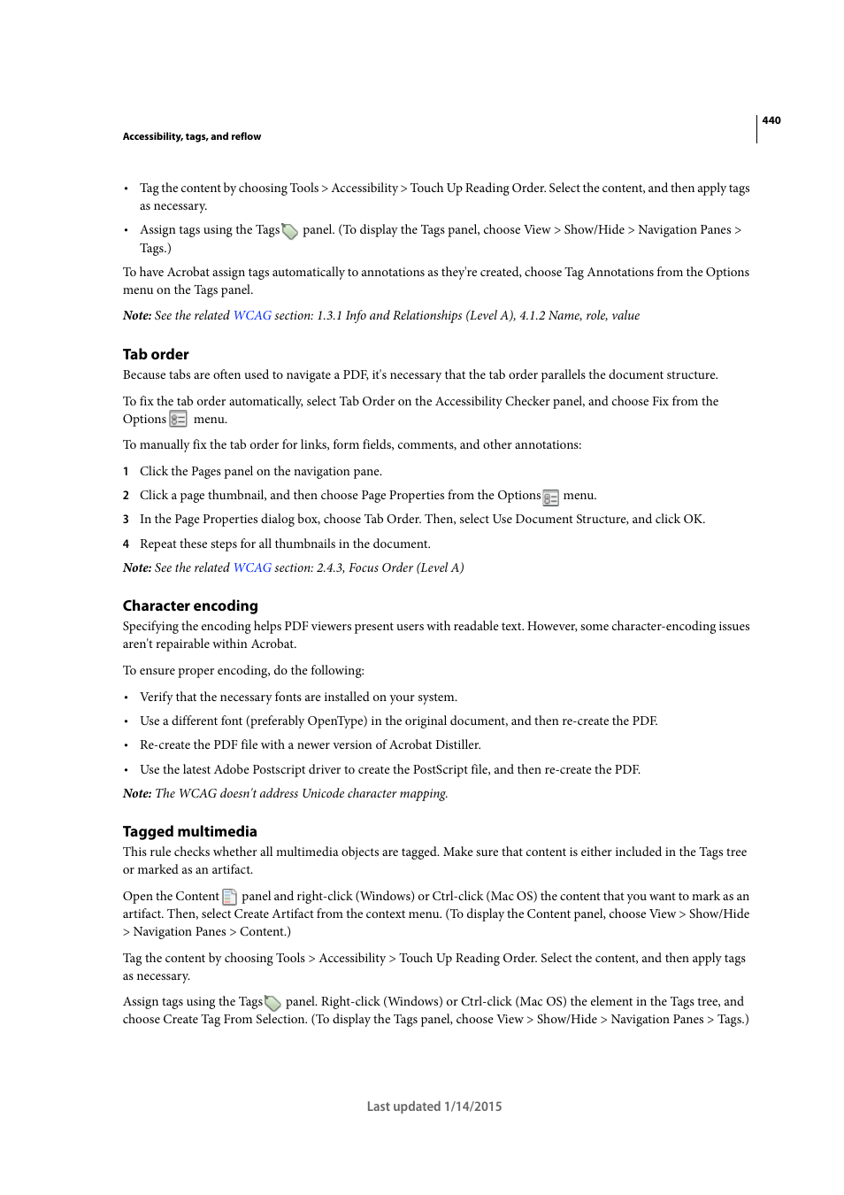 Tab order, Character encoding, Tagged multimedia | Adobe Acrobat XI User Manual | Page 447 / 590