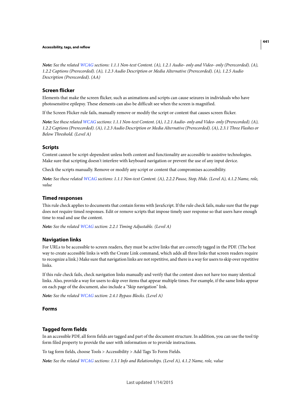 Screen flicker, Scripts, Timed responses | Navigation links, Forms, Tagged form fields | Adobe Acrobat XI User Manual | Page 448 / 590