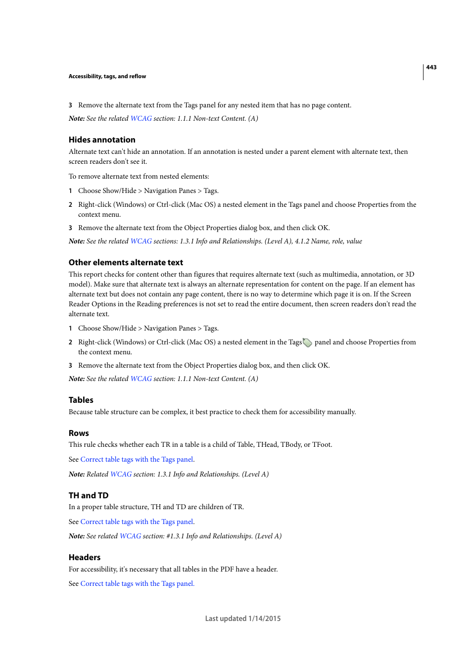 Hides annotation, Other elements alternate text, Tables | Rows, Th and td, Headers | Adobe Acrobat XI User Manual | Page 450 / 590