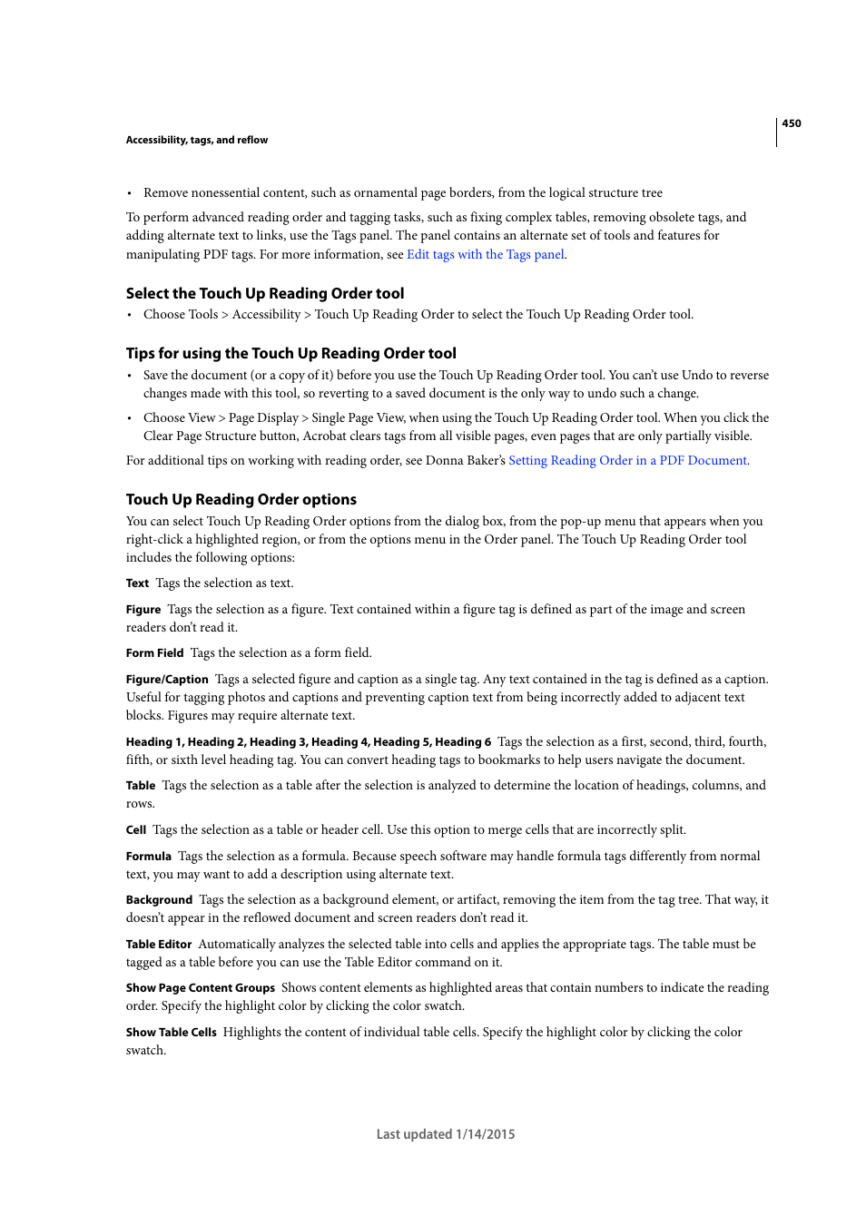 Select the touch up reading order tool, Tips for using the touch up reading order tool, Touch up reading order options | Adobe Acrobat XI User Manual | Page 457 / 590