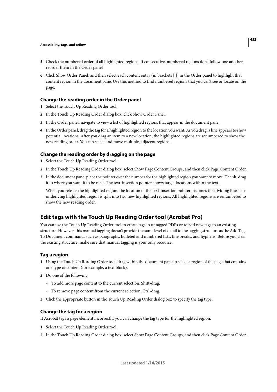 Change the reading order in the order panel, Tag a region, Change the tag for a region | Adobe Acrobat XI User Manual | Page 459 / 590