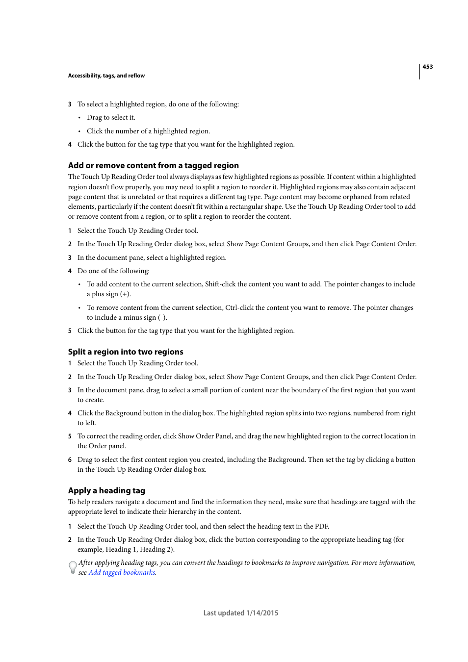 Add or remove content from a tagged region, Split a region into two regions, Apply a heading tag | Adobe Acrobat XI User Manual | Page 460 / 590