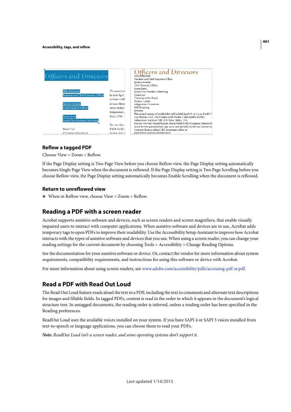 Reflow a tagged pdf, Return to unreflowed view, Reading a pdf with a screen reader | Read a pdf with read out loud | Adobe Acrobat XI User Manual | Page 468 / 590