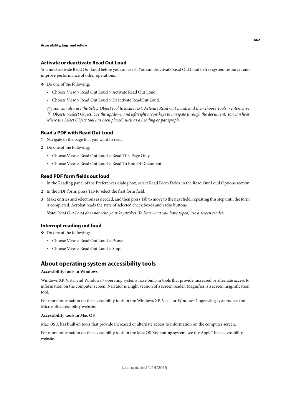 Activate or deactivate read out loud, Read a pdf with read out loud, Read pdf form fields out loud | Interrupt reading out loud, About operating system accessibility tools | Adobe Acrobat XI User Manual | Page 469 / 590