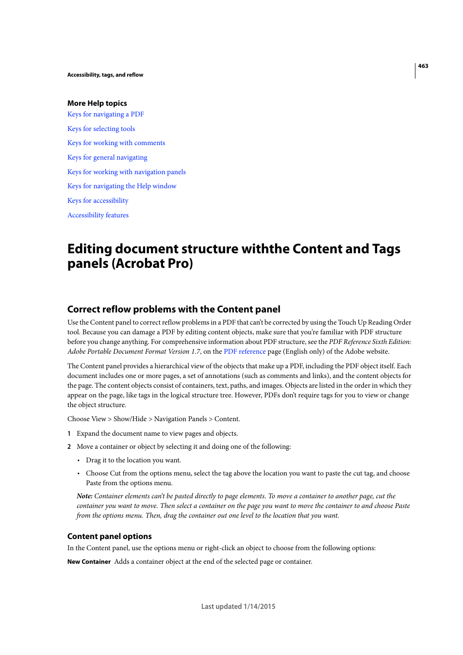 Correct reflow problems with the content panel, Content panel options | Adobe Acrobat XI User Manual | Page 470 / 590